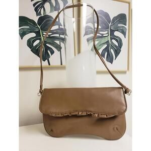 Vintage Brown/Tan Faux Leather Pleated Flap Shoulder Bag, Made in Korea